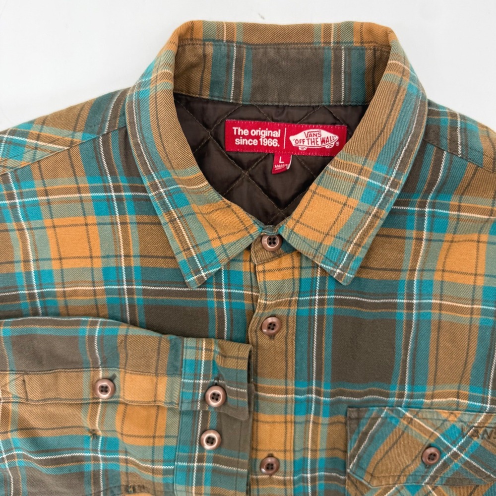 Vans Flannel Shirt Men Large Brown Plaid Quilted Lined Long Sleeve Button Down
